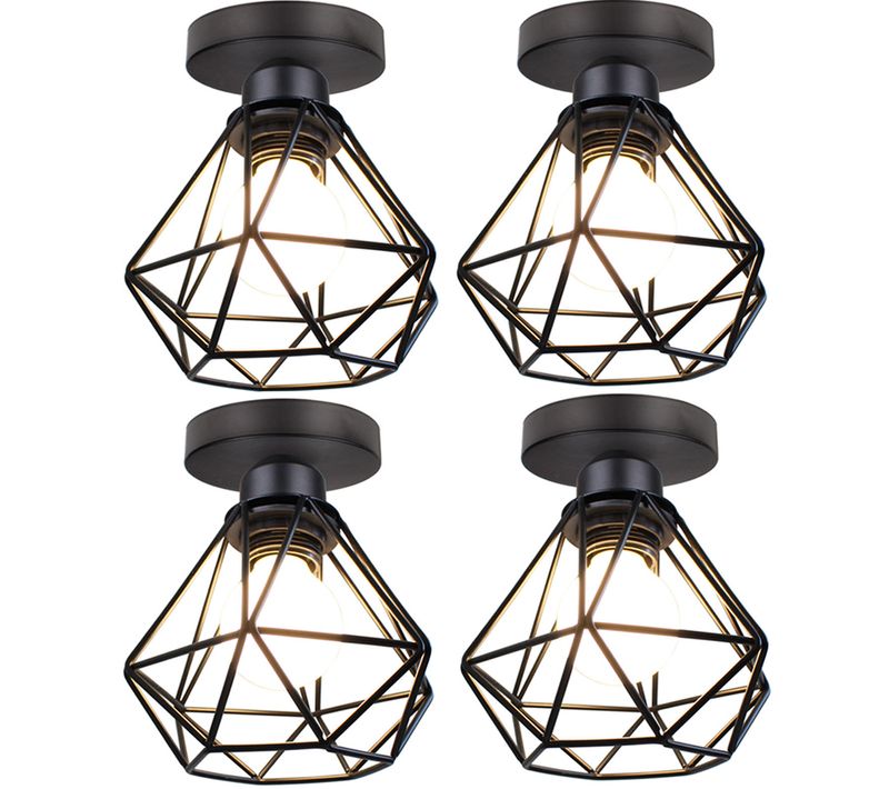 4 Pièces Plafonnier Industriel Métal Cage Lampe De Plafond E27 Pour Salon Chambre Cuisine Noir