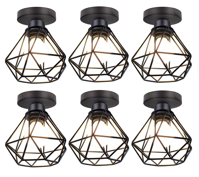 6 Pièces Plafonnier Industriel Métal Cage Lampe De Plafond E27 Pour Salon Chambre Cuisine Noir