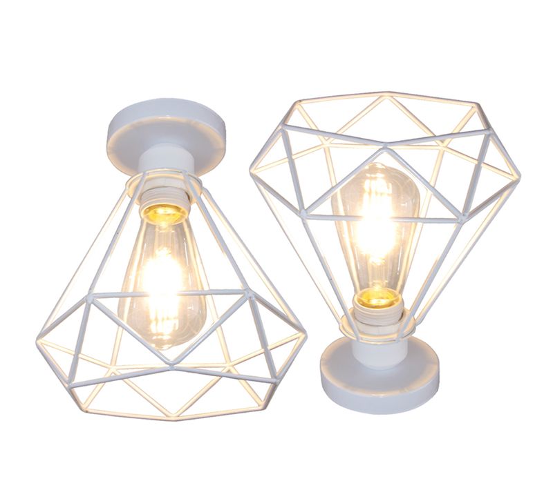 Lot De 2 Rétro Plafonnier Industrielle Cage 20cm Lustre Abat-jour En Fer Lampe De Plafond E27 Blanc