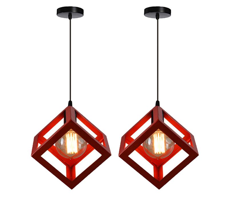 2pcs Suspension Lustre En Forme De Cube Suspension Luminaire Moderne Plafonnier Rétro Vintage Rouge