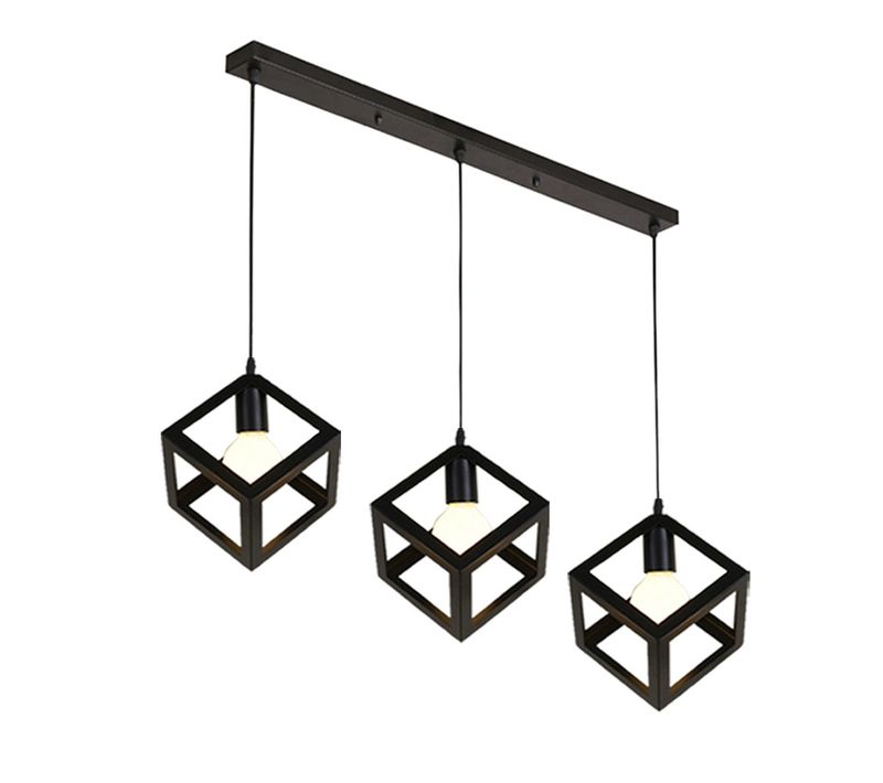 Lustre Creative Cube Noire 3 Lumières Suspension Luminaire Rétro En Métal Pour Bureau Bar E27