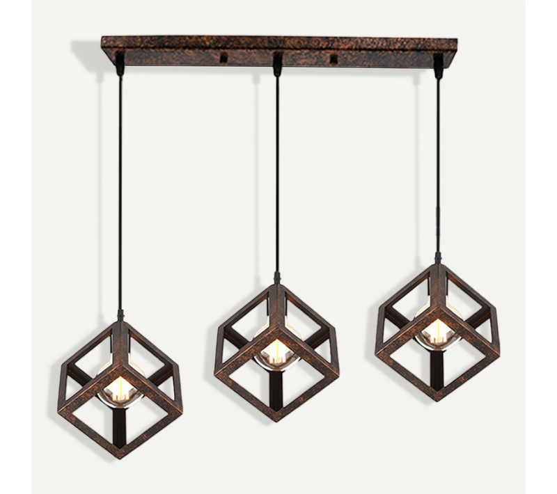 Lustre Creative Cube Plafonnier Antique à 3 Lumières Suspension Luminaire Rétro En Métal E27