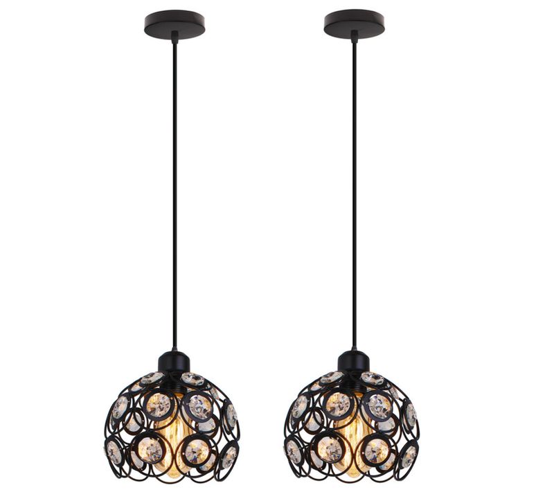 (2pcs) D.20cm Lustre Rétro Suspension Luminaire Moderne Cristal Plafonnier Créative En Métal Noir