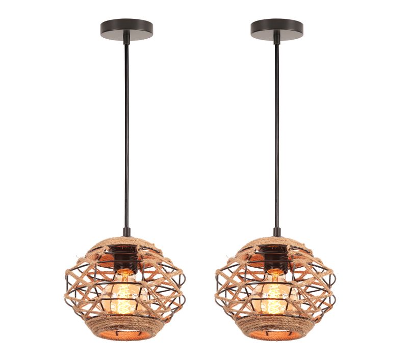 (2pcs) Lustre Vintage Lampe De Plafond En Corde De Chanvre Luminaire Plafonnier D'intérieur Noir
