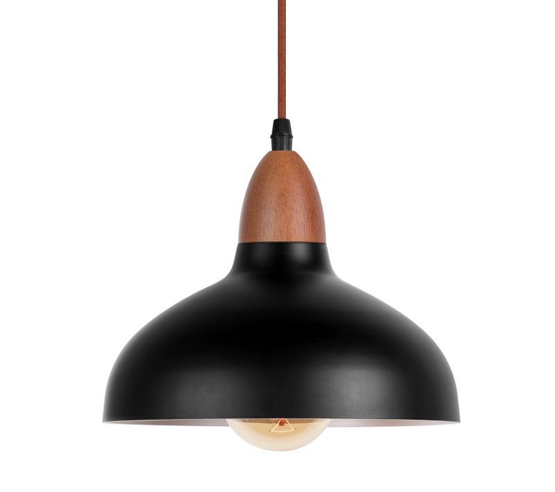 Suspension Lustre Rétro E27 Lustre En Bois Abat-jour En Métal D.19cm Plafonnier Moderne Noir