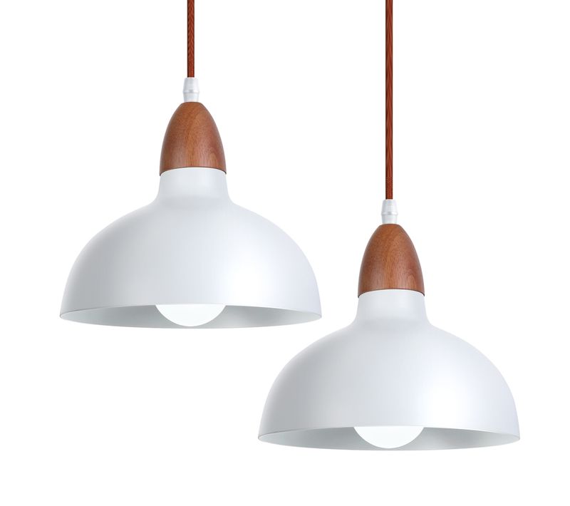 2x Suspension Lustre Rétro E27 Lustre En Bois Abat-jour En Métal D.19cm Plafonnier Moderne Blanc