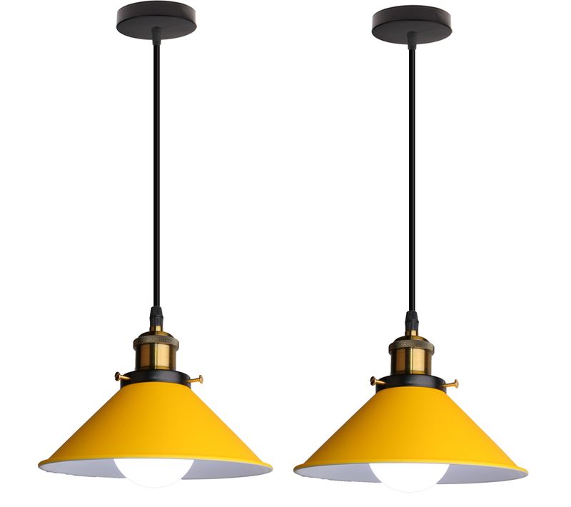 (2pcs) Lampe à Suspension Rétro Lustre Vintage Jaune 22cm Plafonnier Industriel Modernes E27