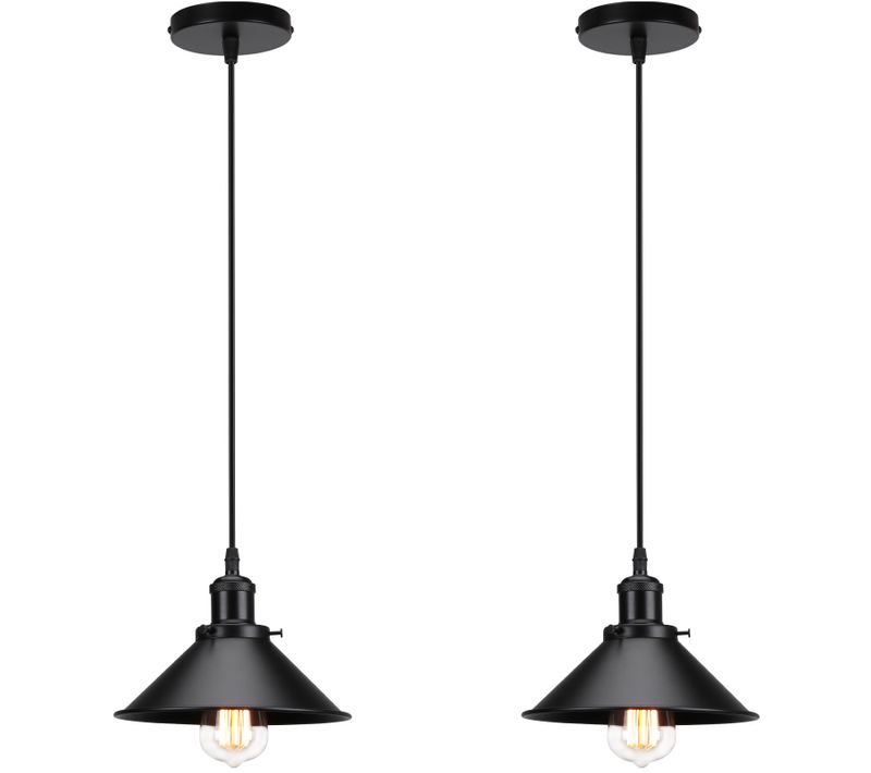 2pcs Lampes à Suspension Rétro Lustre Vintage 220mm E27 (noir) Plafonnier Industriel En Métal