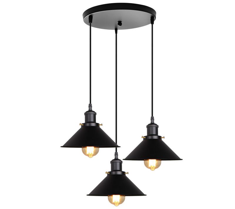 3 Lumières Plafonnier Rétro Suspension Luminaire Industrielles 22cm Lustre Créatif Noir