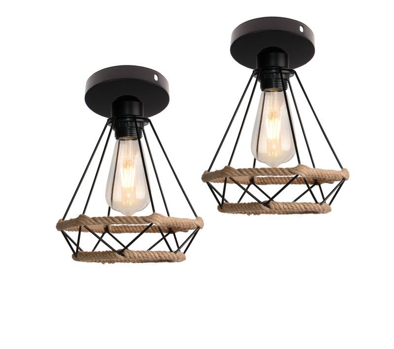 (2pcs) Plafonnier Vintage Luminaire Plafonnier Rétro Lampe De Plafond En Corde De Chanvre Noir