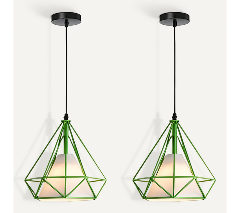 2x Lampe De Plafond En Fer Plafonnier Vintage En Forme De Cage De Diamant 25cm Lustre Rétro Vert