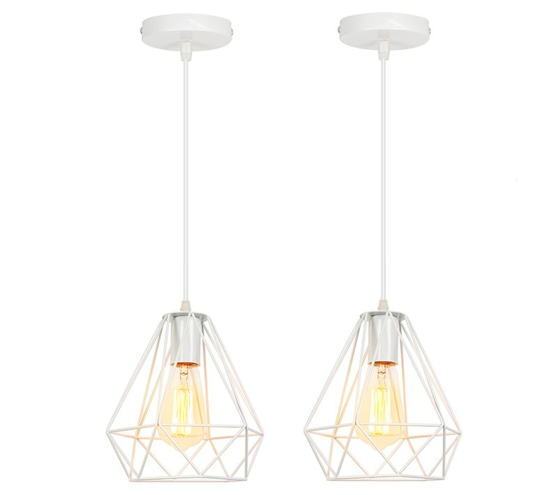 2x Métal Diamant 20cm Lustre Industriel Vintage Lampes Suspendues Rustique Plafonnier Moderne Blanc