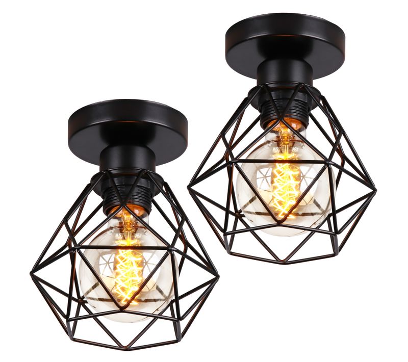 2pcs Plafonnier Rétro Vintage Cage En Métal Luminaire Plafonnier Moderne Lustre D'intérieur Noir
