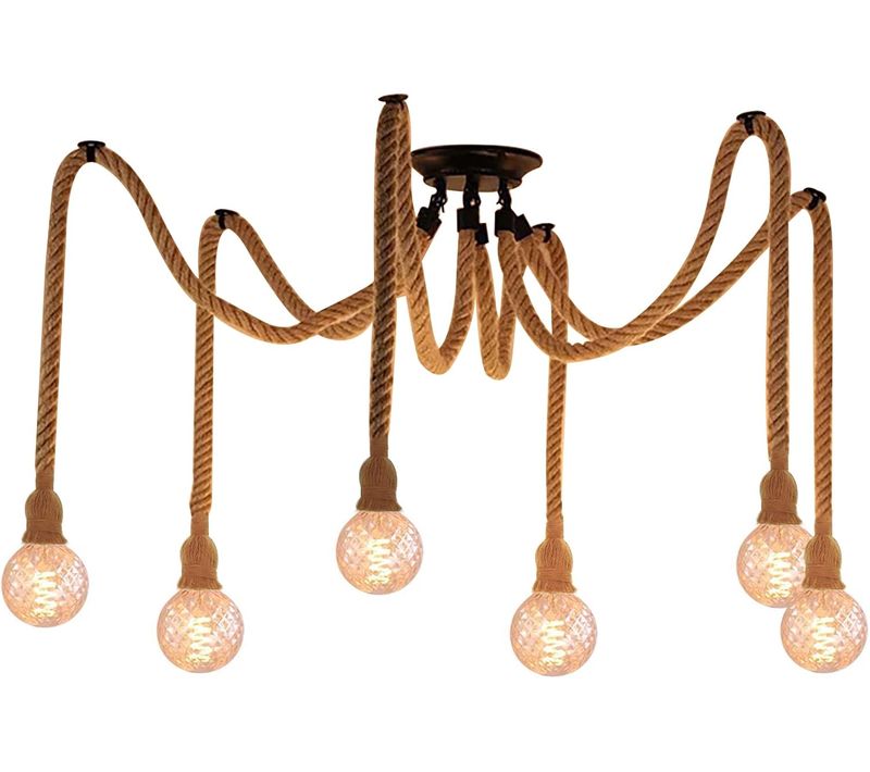 Lampe à Suspension En Corde De Chanvre 6xe27 Plafonnier Vintage Lampe Suspendue Rétro