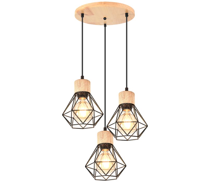 Suspension Vintage Suspension Luminaire Rétro Noir 3 Lumières Plafonnier Moderne Métal Et En Bois