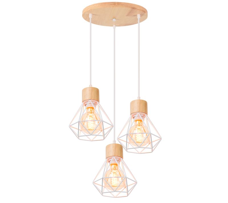 Suspension Vintage Suspension Luminaire Rétro Blanc 3 Lumières Plafonnier Moderne Métal Et En Bois