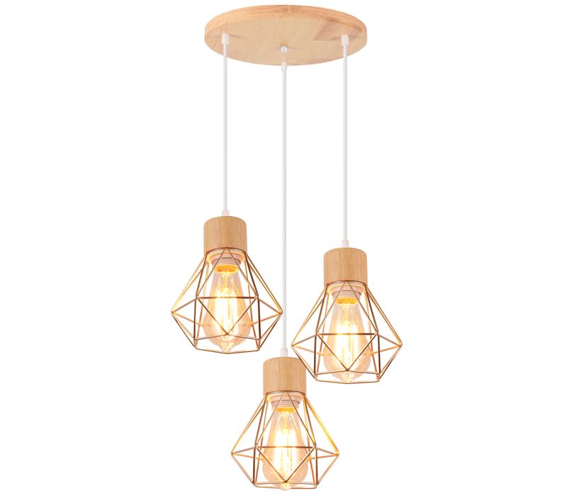 Suspension Vintage Suspension Luminaire Rétro Or 3 Lumières Plafonnier Moderne Métal Et En Bois