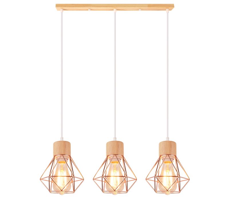 Suspension Vintage Suspension Luminaire Rétro 3 Lumières Plafonnier Moderne Métal Et En Bois Or Rose