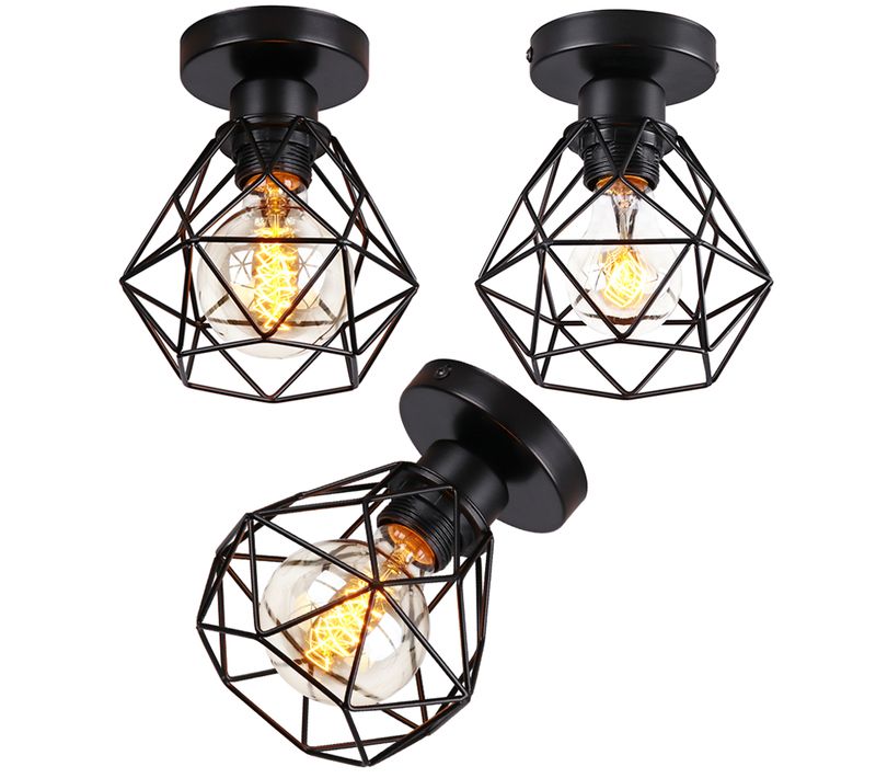 3pcs Plafonnier Rétro Vintage Cage En Métal Luminaire Plafonnier Moderne Lustre D'intérieur Noir
