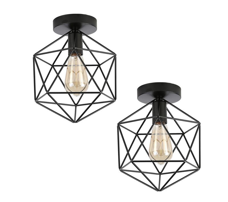 2x Plafonnier Industriel Cage Lampe De Plafond Abat-jour Métal Pour Couloir Chambre Salon Noir