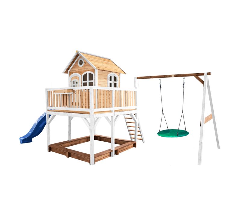 Liam Maison Enfant Avec Bac à Sable, Balançoire Nid D’oiseau Vert et Toboggan Bleu - Aire De Jeux