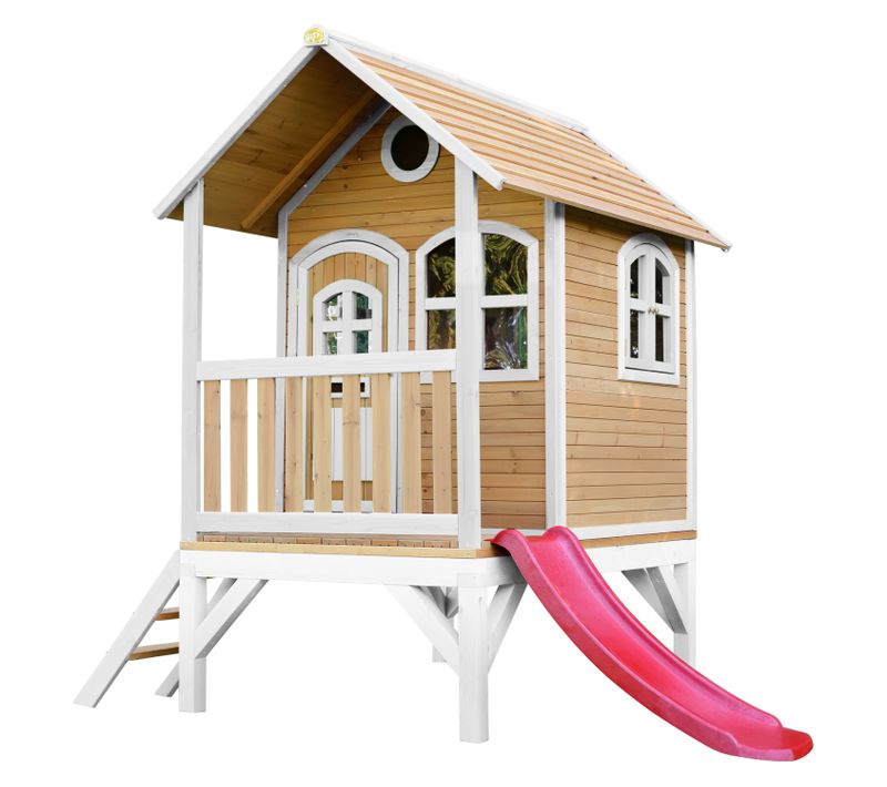 Tom Maison Enfant Avec Toboggan Rouge - Aire De Jeux Pour L'extérieur En Marron et Blanc -