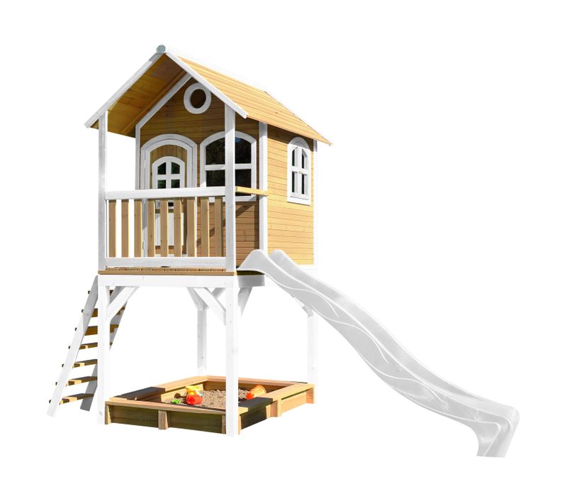 Sarah Maison Enfant Avec Bac à Sable et Toboggan Blanc - Aire De Jeux Pour L'extérieur En Marron