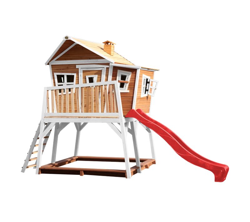 Max Maison Enfant Avec Bac à Sable et Toboggan Rouge - Aire De Jeux Pour L'extérieur En Marron et
