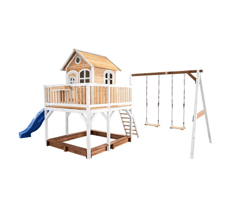 Liam Maison Enfant Avec Bac à Sable, 2 Balançoires et Toboggan Bleu - Aire De Jeux Pour