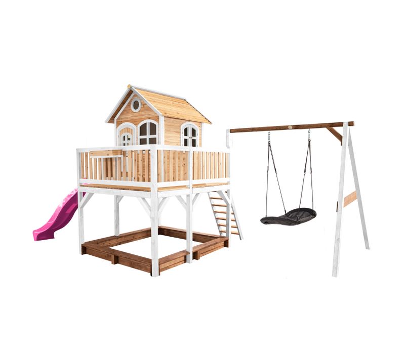 Liam Maison Enfant Avec Bac à Sable, Balançoire Nid D’oiseau Noir et Toboggan Violet - Aire De