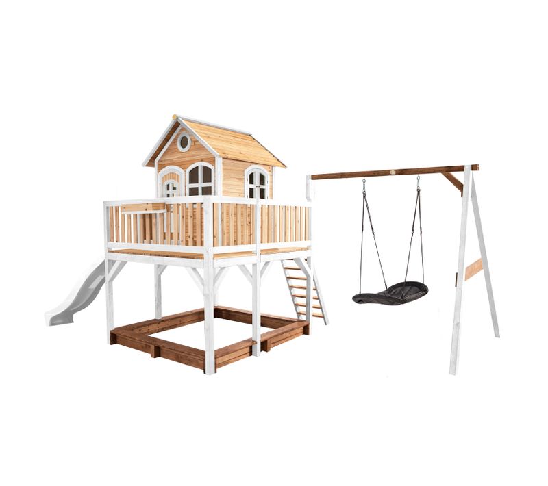 Liam Maison Enfant Avec Bac à Sable, Balançoire Nid D’oiseau Noir et Toboggan Blanc - Aire De