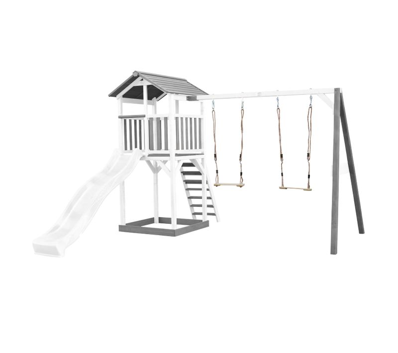 Beach Tower Aire De Jeux Avec Toboggan En Blanc, 2 Balançoires et Bac à Sable - Grande Maison