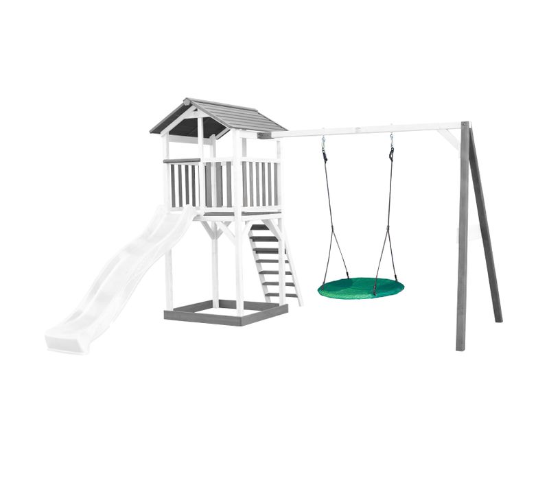 Beach Tower Aire De Jeux Avec Toboggan En Blanc, Balançoire Nid D'oiseau Vert et Bac à Sable -