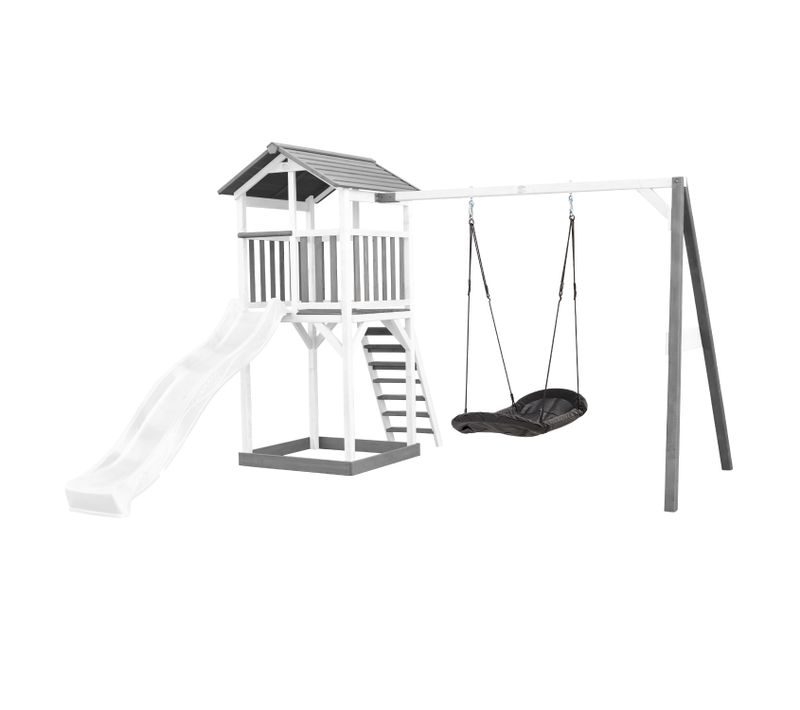 Beach Tower Aire De Jeux Avec Toboggan En Blanc, Balançoire Nid D'oiseau Noir et Bac à Sable -