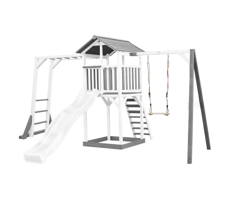 Beach Tower Aire De Jeux Avec Toboggan En Blanc, Cadre D'escalade, Balançoire et Bac à Sable -