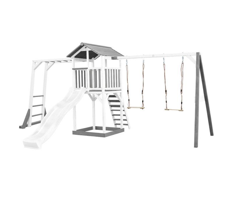 Beach Tower Aire De Jeux Avec Toboggan En Blanc, Cadre D'escalade, 2 Balançoires et Bac à Sable -