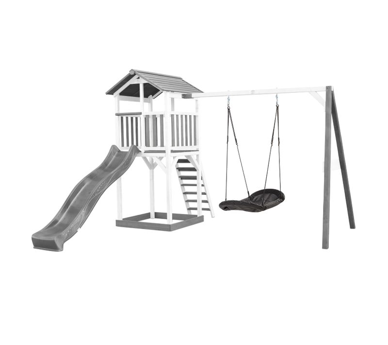 Beach Tower Aire De Jeux Avec Toboggan En Gris, Balançoire Nid D'oiseau Noir et Bac à Sable -