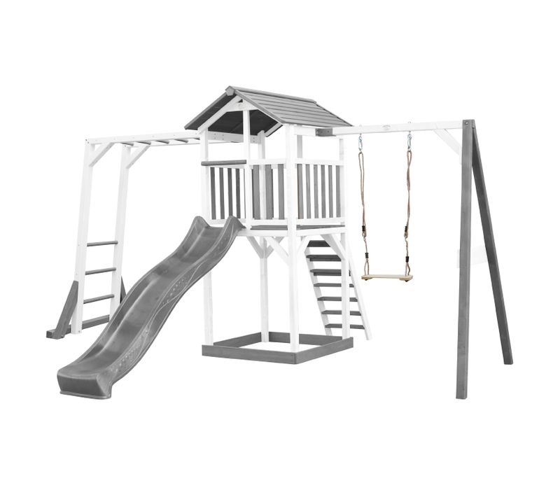 Beach Tower Aire De Jeux Avec Toboggan En Gris, Cadre D'escalade, Balançoire et Bac à Sable -