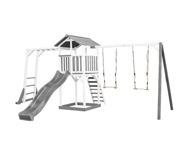 Beach Tower Aire De Jeux Avec Toboggan En Gris, Cadre D'escalade, 2 Balançoires et Bac à Sable -