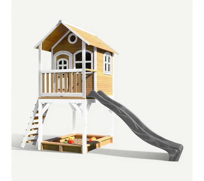 Sarah Maison Enfant Avec Bac à Sable et Toboggan Gris - Aire De Jeux Pour L'extérieur En Marron et