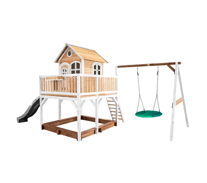 Liam Maison Enfant Avec Bac à Sable, Balançoire Nid D'oiseau Vert et Toboggan Gris