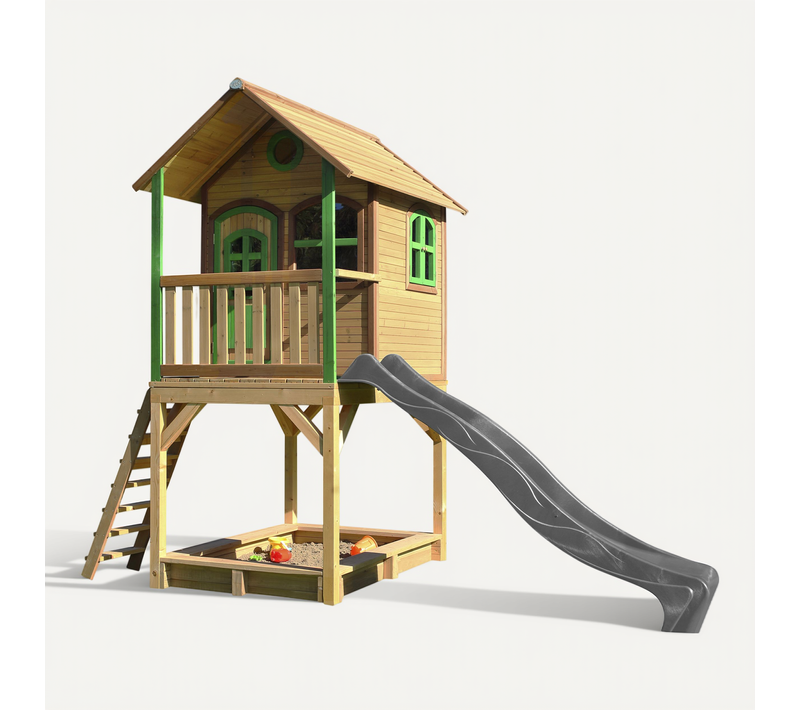 Sarah Maison Enfant Avec Bac à Sable et Toboggan Gris - Aire De Jeux Pour L'extérieur En Marron et
