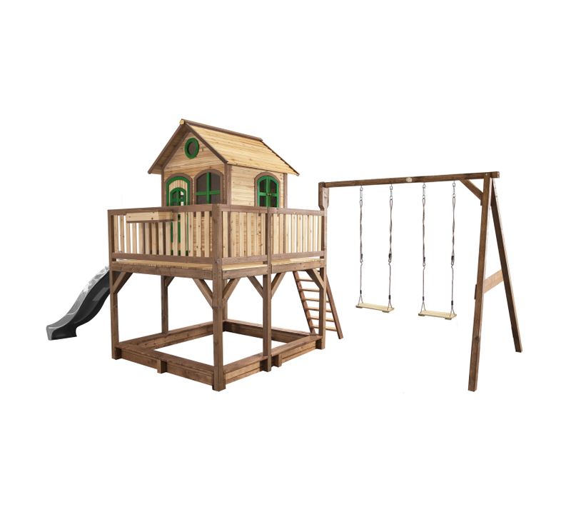 Liam Maison Enfant Avec Bac à Sable, 2 Balançoires et Toboggan Gris   Aire De Jeux