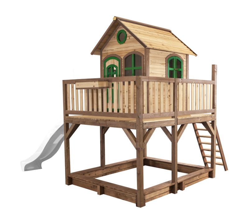 Liam Maison Enfant Avec Bac à Sable et Toboggan Blanc - Aire De Jeux Pour L'extérieur En Marron et