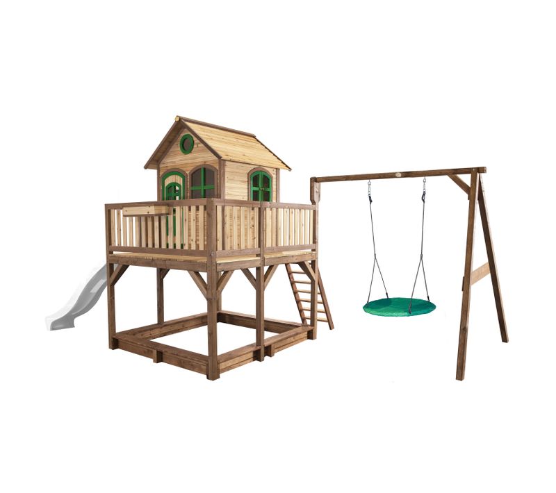 Liam Maison Enfant Avec Bac à Sable, Balançoire Nid D'oiseau Vert et Toboggan Blanc