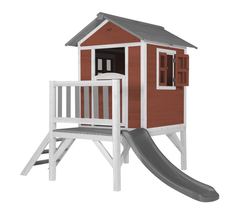 Maison Enfant Beach Lodge XL En Rouge Avec Toboggan En Gris - Maison De Jeux En Bois Ffc Pour