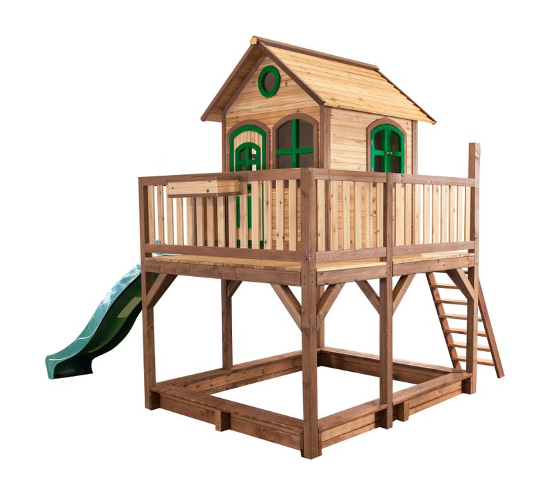 Liam Maison Enfant Avec Bac à Sable et Toboggan Vert - Aire De Jeux Pour L'extérieur En Marron et