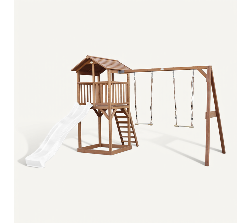 Beach Tower Aire De Jeux Avec Toboggan En Blanc, 2 Balançoires et Bac à Sable - Grande Maison