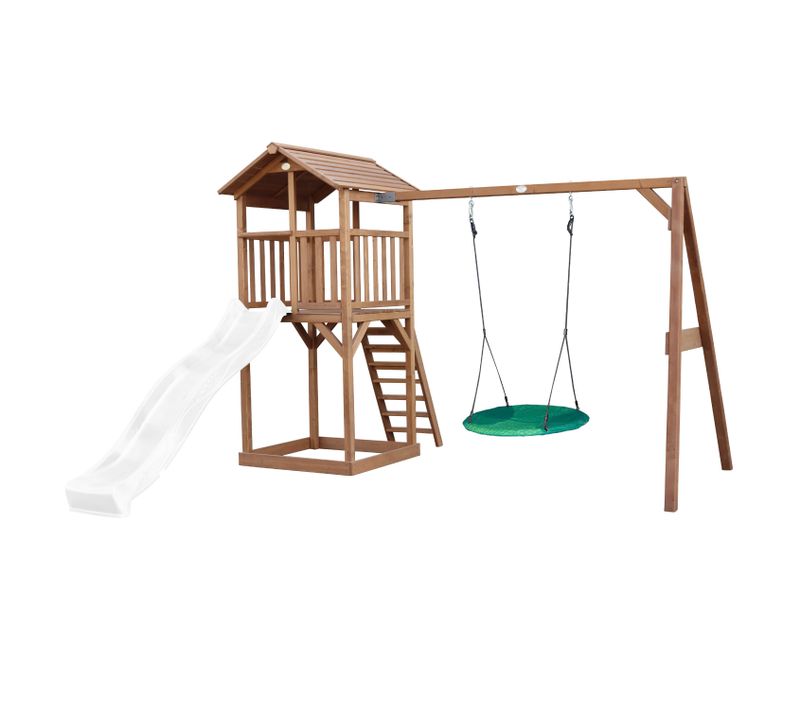 Beach Tower Aire De Jeux Avec Toboggan En Blanc, Balançoire Nid D'oiseau Vert et Bac à Sable -