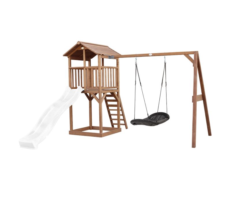 Beach Tower Aire De Jeux Avec Toboggan En Blanc, Balançoire Nid D'oiseau Noir et Bac à Sable -